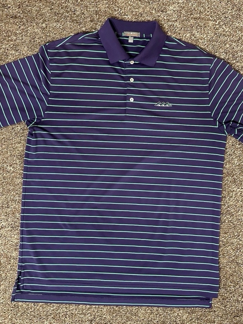 Peter Millar Men’s Polo Shirt Striped Purple Green “Desert Mountain “ Logo Sz L